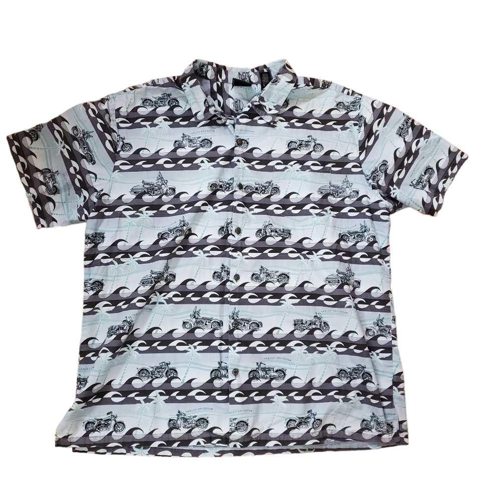 Harley Davidson Button Up Shirt 2XL Tropical Motorcycle Waves Beach Palm Blue